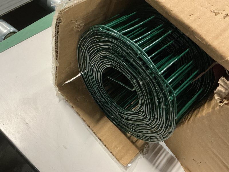 Condition photo showing As Is for Green PVC Coated Welded Wire Fence 24 Inch x 25 Foot, 2 Inch x 3 Inch 16GA, Garden Border Fencing Roll Vinyl Coating Metal Wire Mesh for Yard Vegetable Plant Protection Poultry Netting 2''x3'' 16GA 24''x25' Green