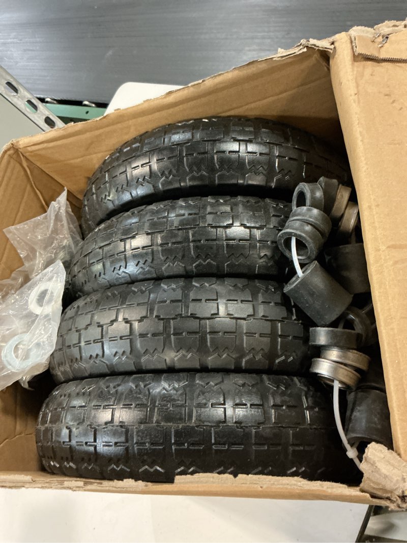 Condition photo showing Good Condition for 13 inch flat free wheels tires 4.00-6 solid replacement with universal 5/8" axle bore hole, 16 spacers and 8 pins, for wheelbarrow, garden wagon, hand truck, trolley, lawn mower, 4 pack 13" - 4p black