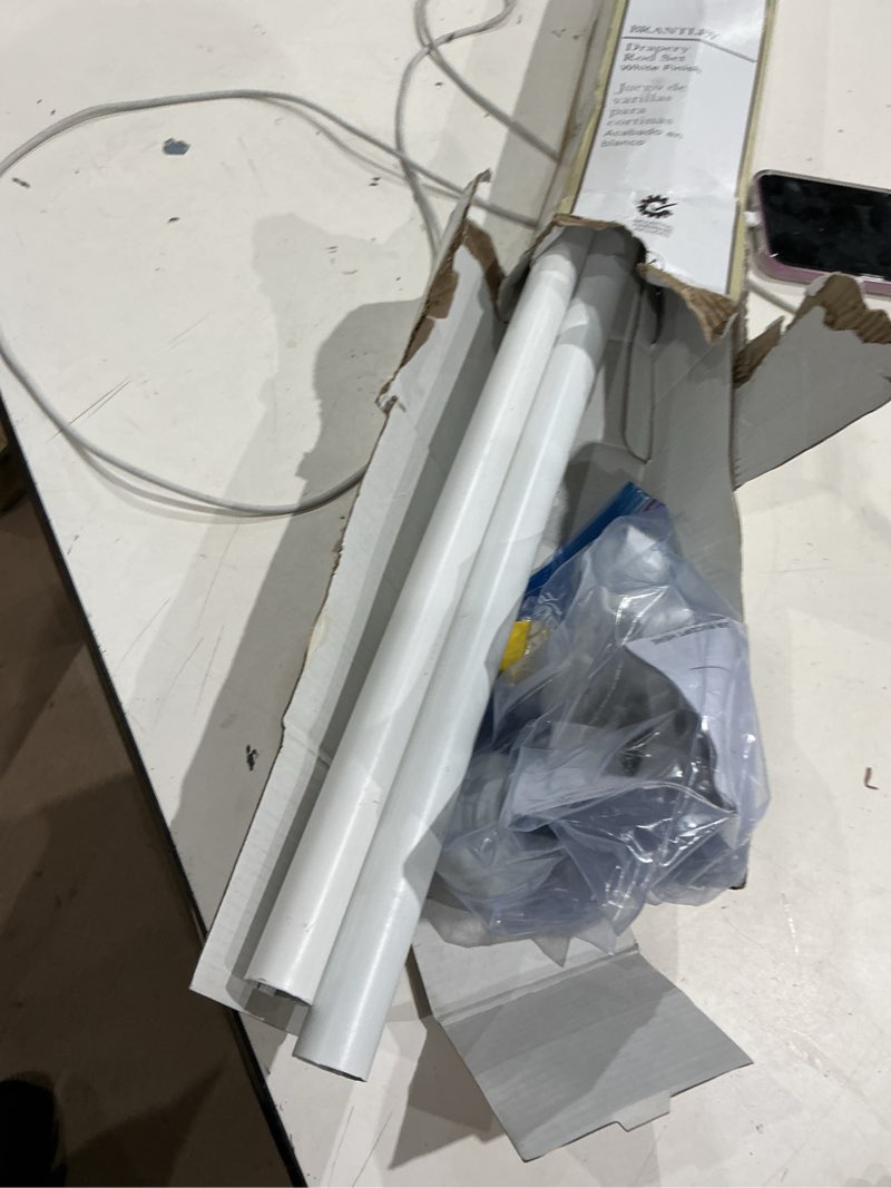 Condition photo showing As Is for allen + roth 72-in to 144-in white steel single curtain rod with finials