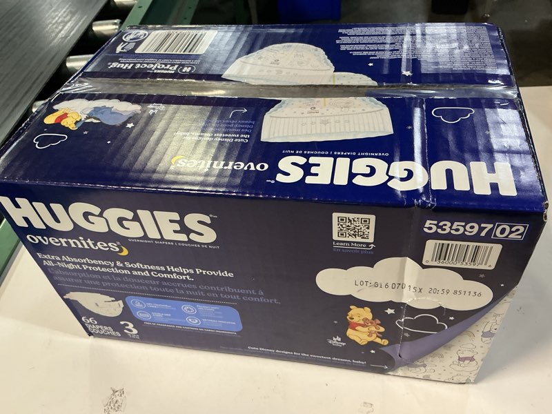 Condition photo showing New/Like New for huggies overnites size 3 overnight diapers (16-28 lbs), 66 ct, packaging may vary size 3 66