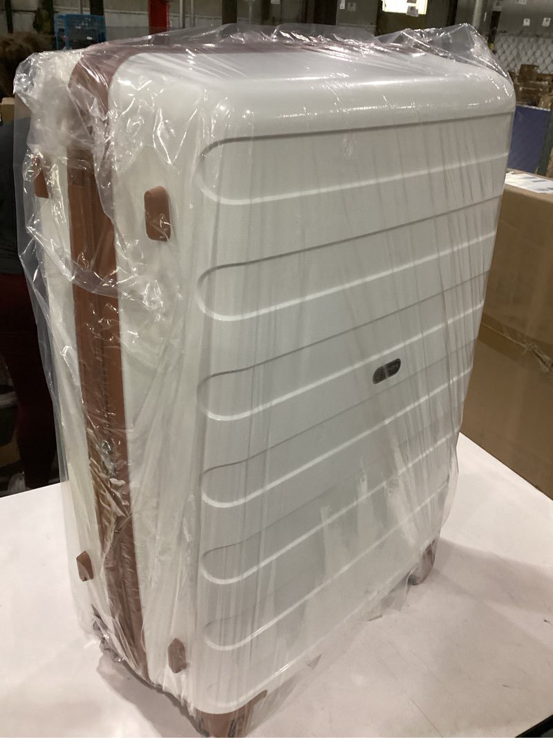 Condition photo showing New/Like New for ginzatravel pp material 3-piece expandable luggage sets with spinner wheels? suitcase with tsa lock?large luggage for family travel carry on 20/24/28?white & brown color white & brown 3-pc set (20/24/28)