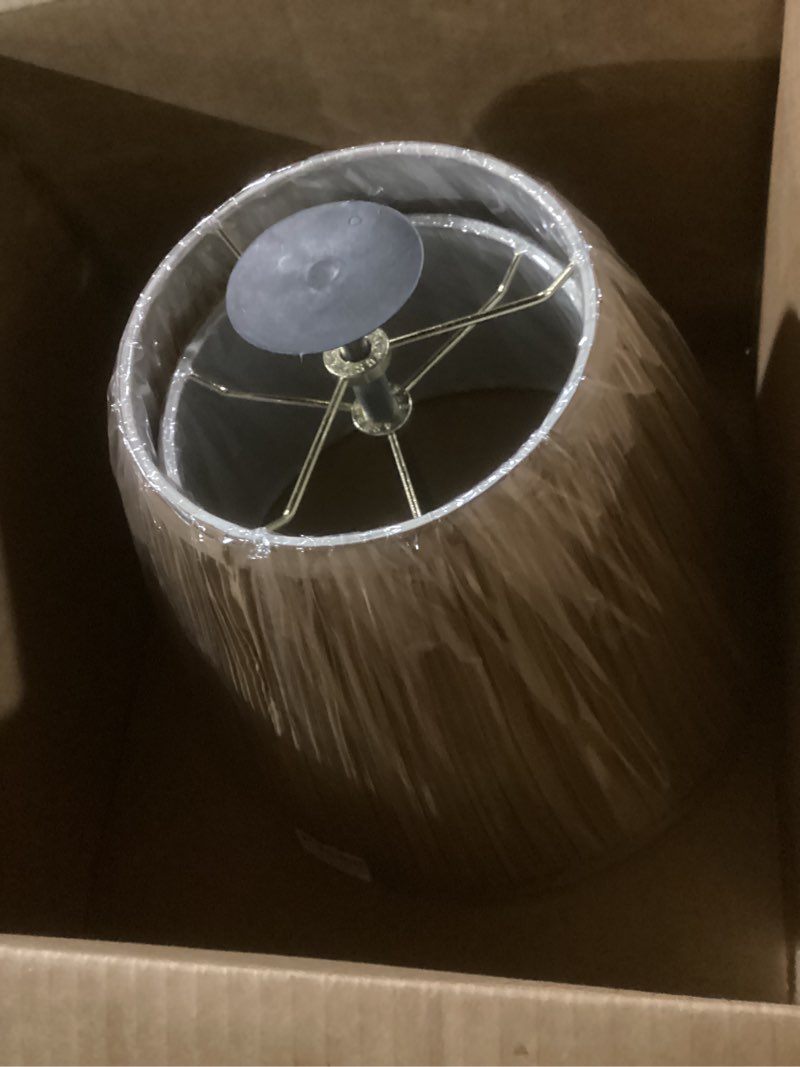 Condition photo showing New/Like New for aspen creative 32072, hardback empire transitional spider lamp shade, mushroom pleated sienna brown, 7" top x 13" bottom x 10" slant