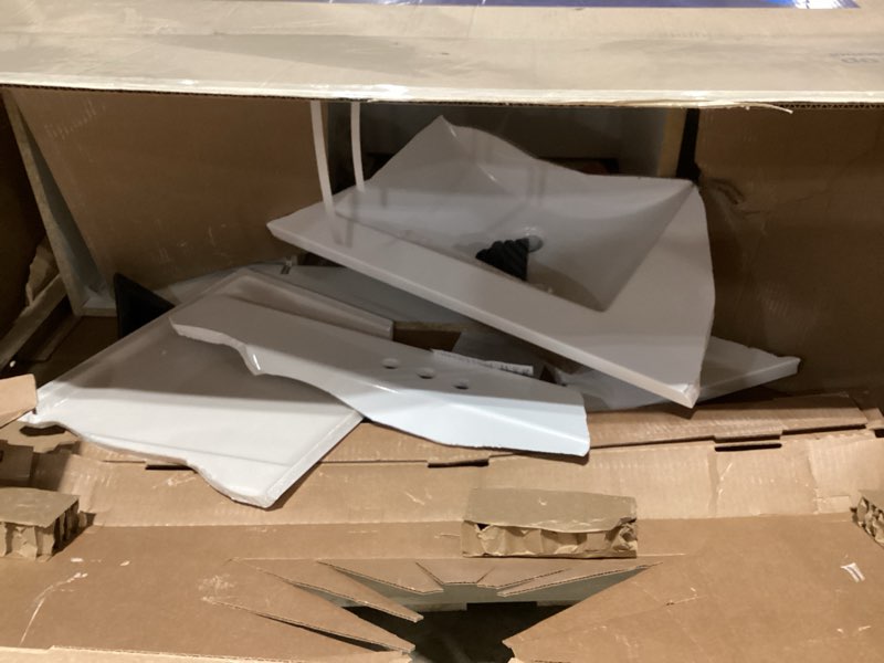 Condition photo showing As Is for (vanity broken) project source dover 48-in true white single sink bathroom vanity with white cultured marble top