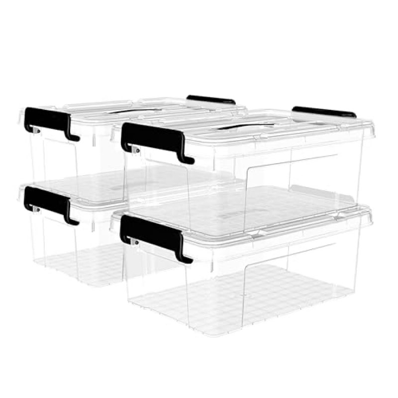Cetomo Plastic Storage Bin Box Organizing Container with Lid and Secure Latching Buckles, Clear,Pack of 4