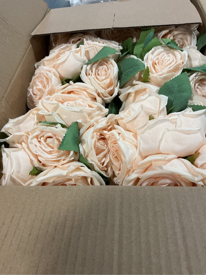 Condition photo showing Good Condition for Dining Table Centerpiece Set of 6 - Pre-Made Aritifial Rose with Wooden Vase Fake Floral Arrangment Faux Flower for Wedding Bridal Tea Party Event Decorations - Champagne Champagne Set of 6 Table Centerpiece