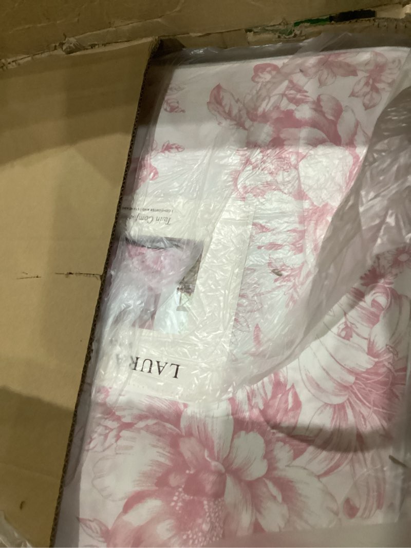 Condition photo showing As Is for Laura Ashley - Twin Comforter Set, Soft & Reversible Cotton Bedding with a Smooth Feel, Medium Weight for Year Round Comfort, 2 Piece Bed Set with Matching Pillowcase (Delphine Mauve Pink) Twin Delphine Mauve Pink