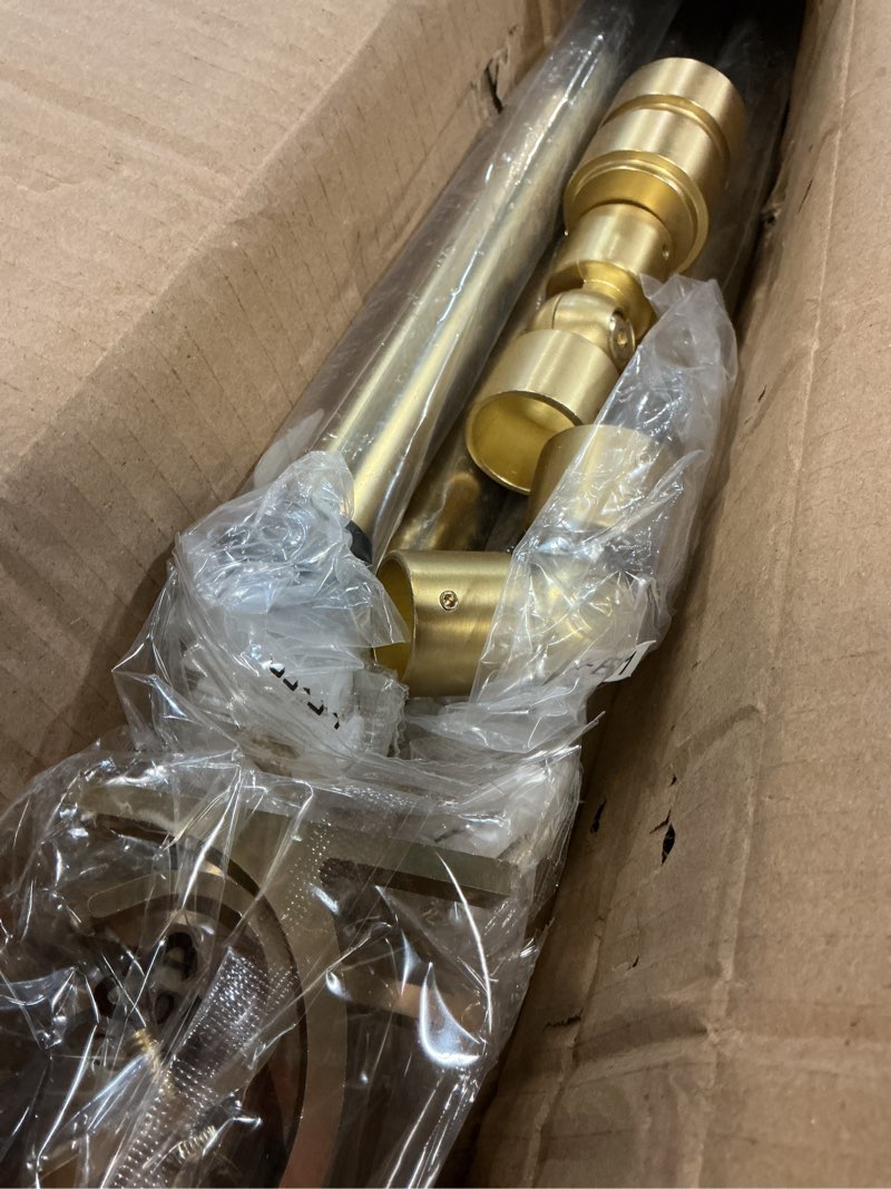 Condition photo showing Good Condition for warm gold bay window curtain rods with aluminum end cap finials and brackets,adjustable 36-72 inch center rod for windows (24-68’’), 20-36 inch side rods for windows (16-32’’),1 inch diameter
