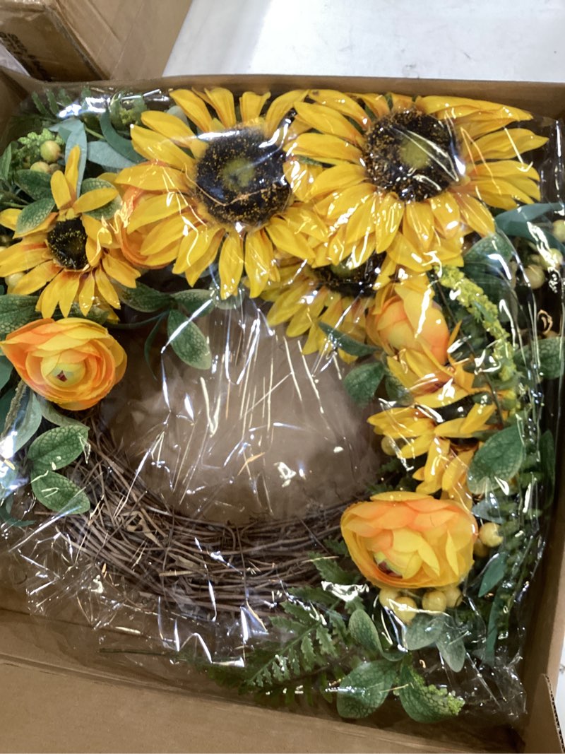 Condition photo showing New/Like New for artificial sunflower wreath yellow peony flower wreath 16 inch spring summer wreaths grapevine wreath green leaves for front door indoor outdoor wall wedding home decor…
