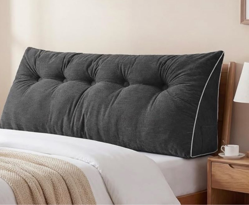 headboard pillow queen, triangular wedge pillow headboard, wedge headboard pillow for bed sofa, daybed pillows for sitting up, reading or working with removable cover, dark grey