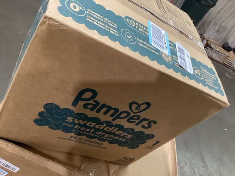 Condition photo showing As Is for pampers swaddlers diapers, size 1 (8-14 lbs), 198 count, absorbent, keeps baby dry and comfortable, skin safe disposable baby diaper (packaging may vary)
