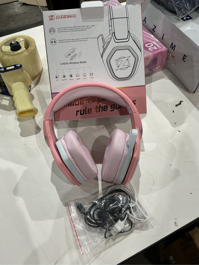 Condition photo showing As Is for ozeino 2.4ghz wireless gaming headset with microphone, 2.4g usb & type c transmitter - 30h battery life - rgb lighting gaming headphones for ps5, ps4, pc, phone pink