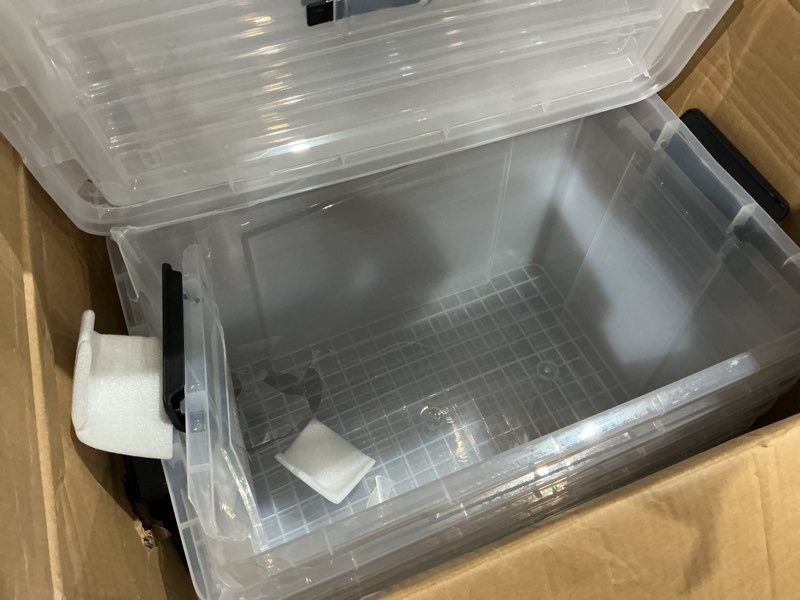 Condition photo showing As Is for plastic storage bin box organizing container with lid and secure latching buckles, clear, 72qt x 4, pack of 4
