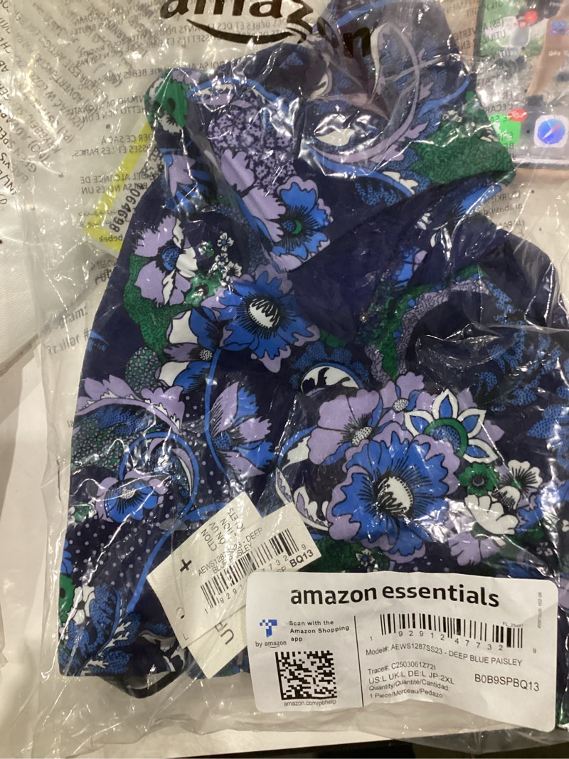 Condition photo showing New/Like New for Amazon Essentials Women's High Waist High Leg Bikini Bottom Large Deep Blue Paisley