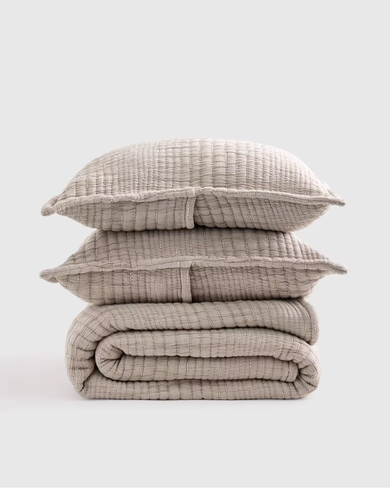 quince new pdp wip organic cotton channel stitch coverlet set taupe full/queen