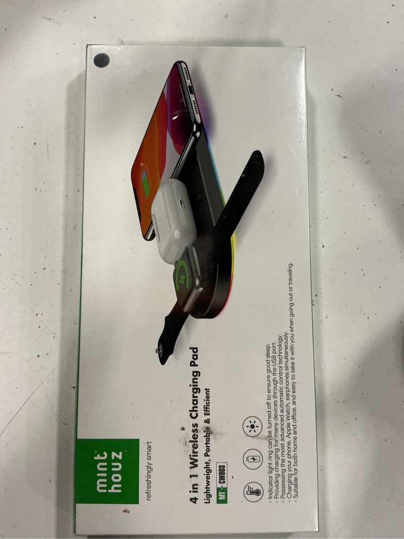 Condition photo showing New/Like New for 4 in 1 wireless charger pad, 15w wireless charging station without adapter for iphone 14/13/12/11/x/8 series, wireless charging pad compatible with apple watch (only), airpods 3 (with 1 usb c-a cable)