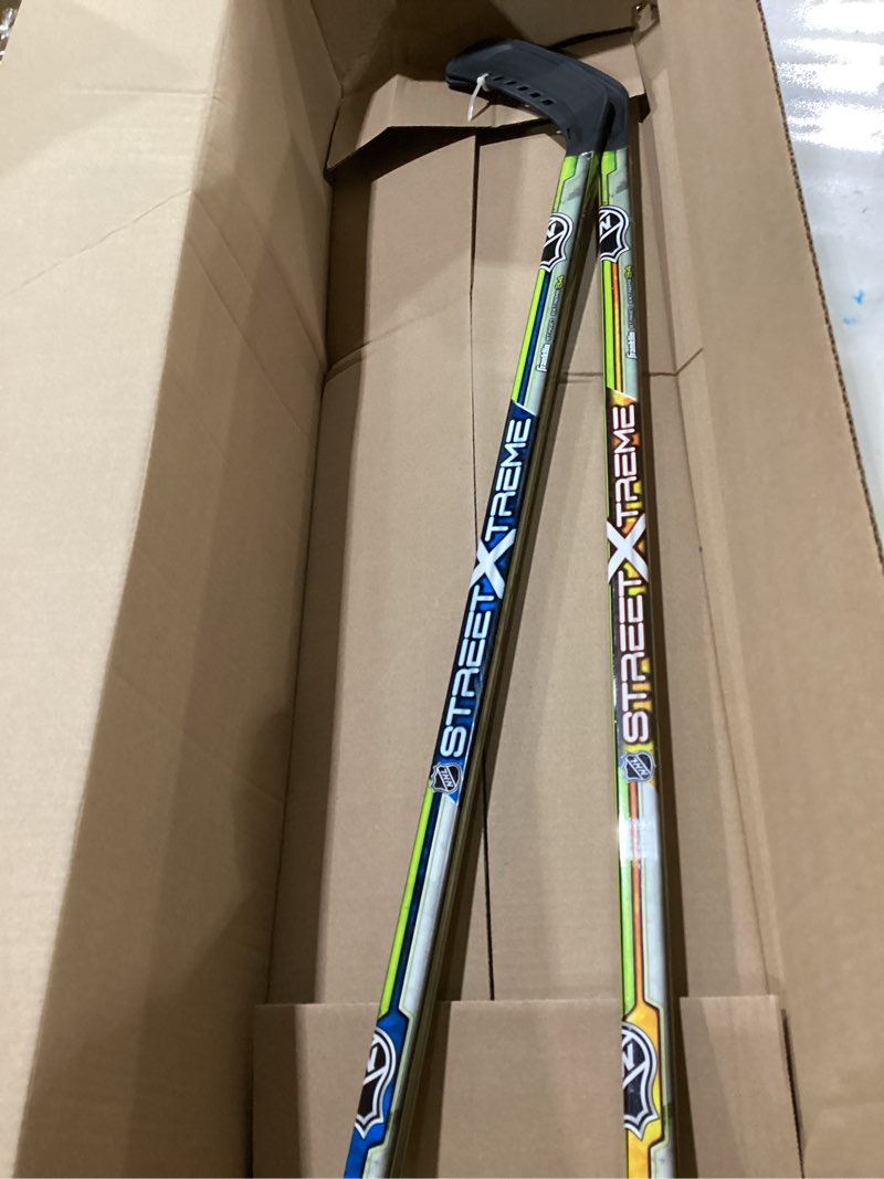 Condition photo showing Good Condition for *missing rolling roll only sticks *franklin sports nhl kids street hockey stick set - includes (2) youth street hockey sticks + (1) outdoor roller hockey ball - perfect hockey starter set for kids player sticks