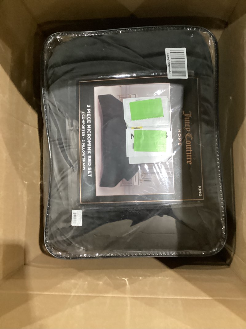 Condition photo showing Good Condition for Juicy Couture Kiss Pleat Plush Micromink Black King Comforter Set - Cozy 3 Piece Bedding Ensemble