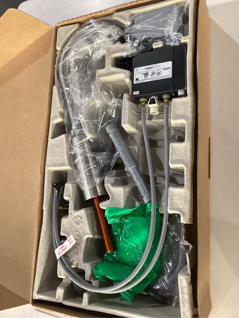Condition photo showing New/Like New for moen riley spot resist stainless hands-free touchless sensor single handle pull down kitchen faucet, 7402ewsrs wave sensor spot resist stainless