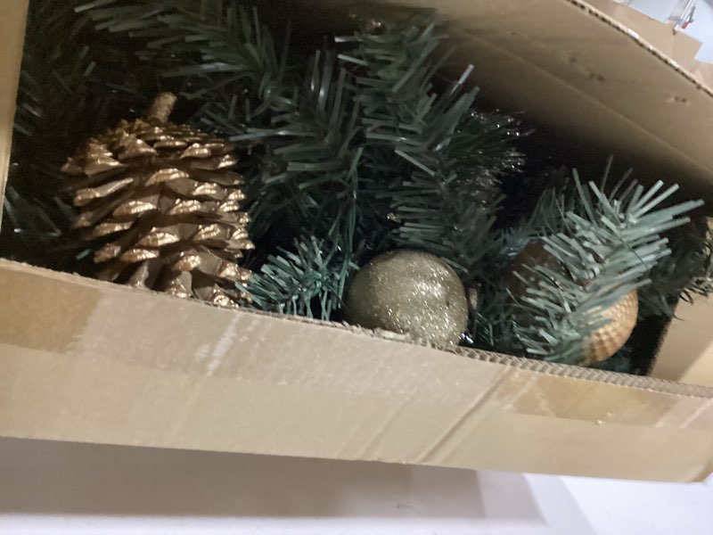 Condition photo showing As Is for 9ft Pre Lit Garland Christmas Gold Christmas Garland with Lights, Prelit Christmas Garland with Gold for Table Fireplace Stairs Railing Indoor Outdoor Xmas Holiday Garland Battery Operated