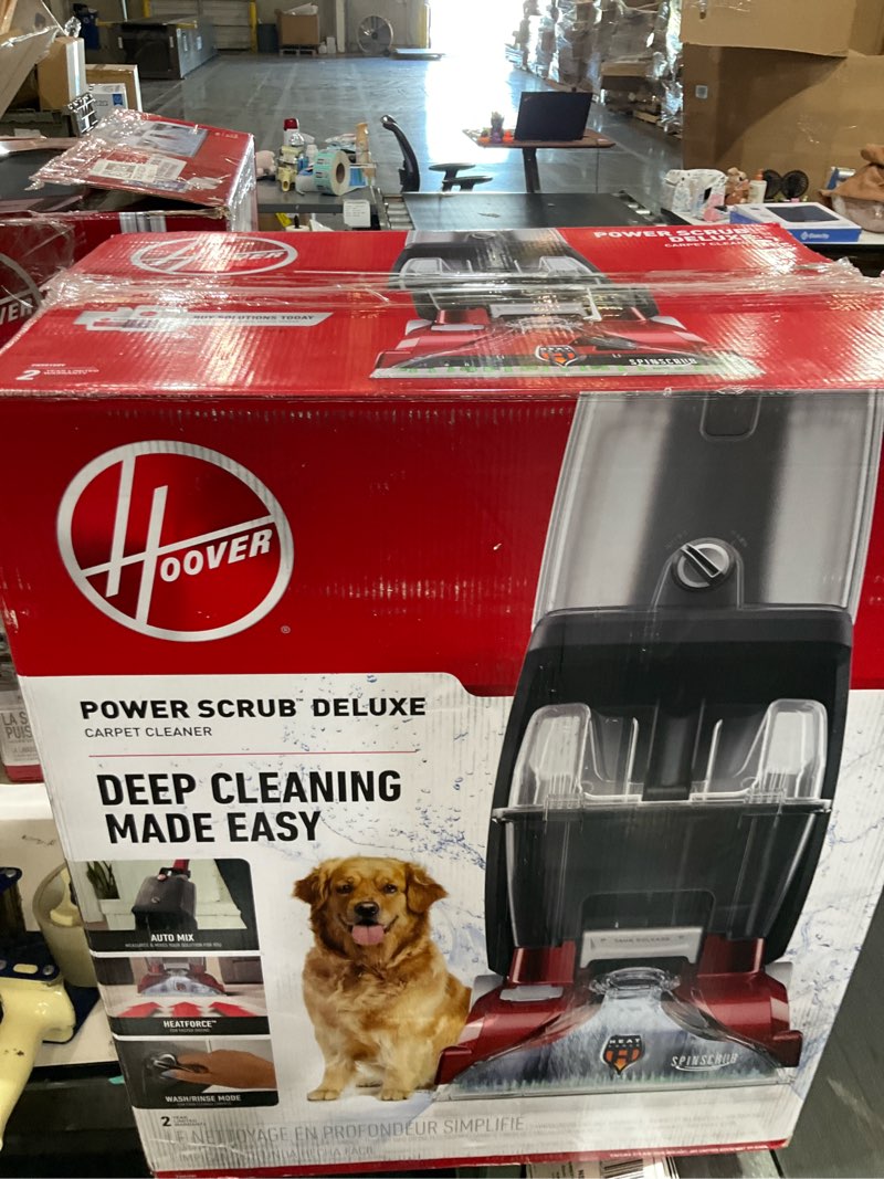 Condition photo showing As Is for hoover powerscrub deluxe carpet cleaner machine, deep cleaning carpet shampooer machine, spinscrub brushes, heatforce drying, pet & upholstery tools, pair with hoover carpet cleaner solution