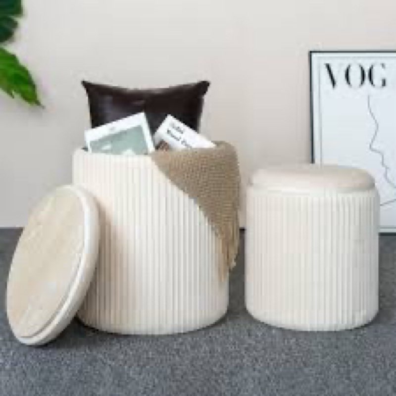 CAROLMADE Set of 2 Round Ottoman with Storage, Upholstered Vanity Stool Support 300lbs Multifunctional Coffee Table Ottoman Velvet Foot Rest Stool or Living Room Bedroom (Grey) Velvet-grey