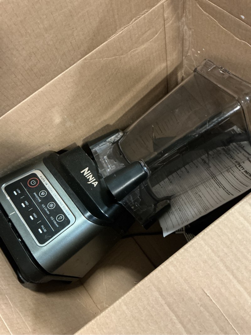 Condition photo showing As Is for ninja professional plus blender | max power smoothie blender, ice cream maker, frozen drink mixer & margarita machine | 3 auto iq™ presets, 1400 w, 72oz total crushing pitcher | dark grey, bn701 72 oz. blender + total crushing pitcher