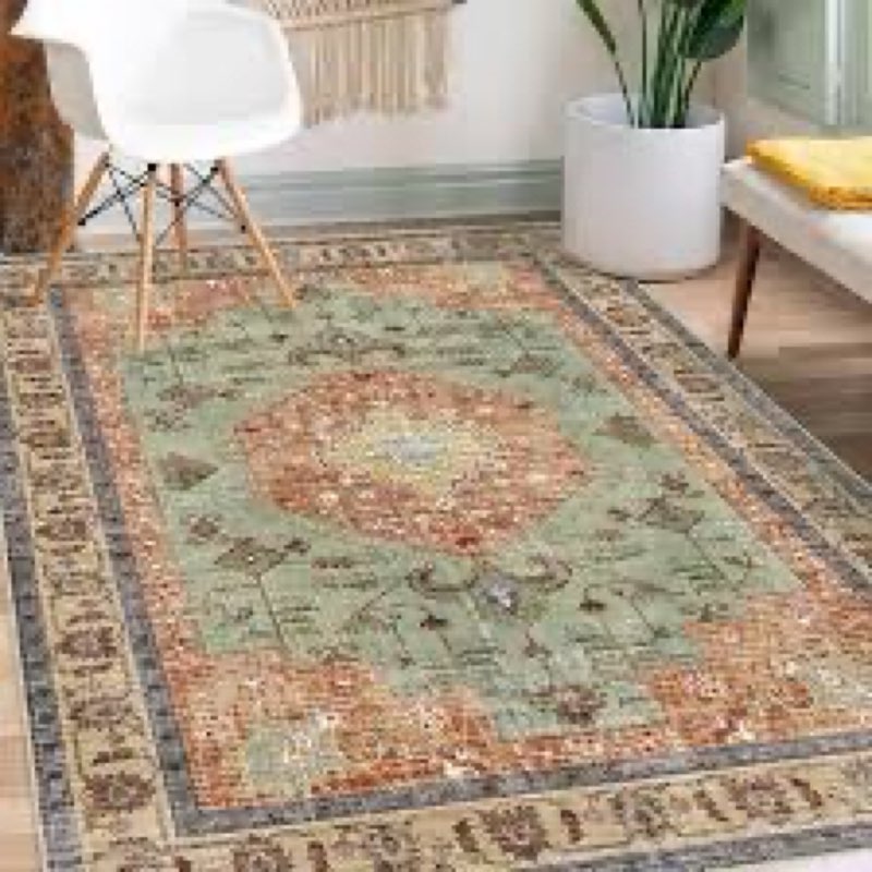 Washable Boho Area Rug Red Rust Green Large Living Room 5'×7' Rug Non-Slip Soft Oriental Vintage Bed