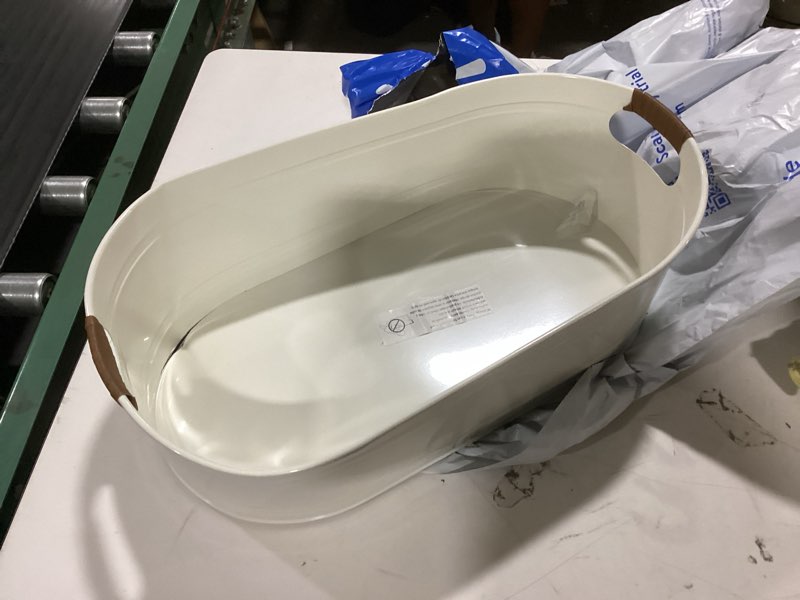 Condition photo showing As Is for better homes & gardens- white medium oval galvanized tub, 20.27 in l x 11.22 in w