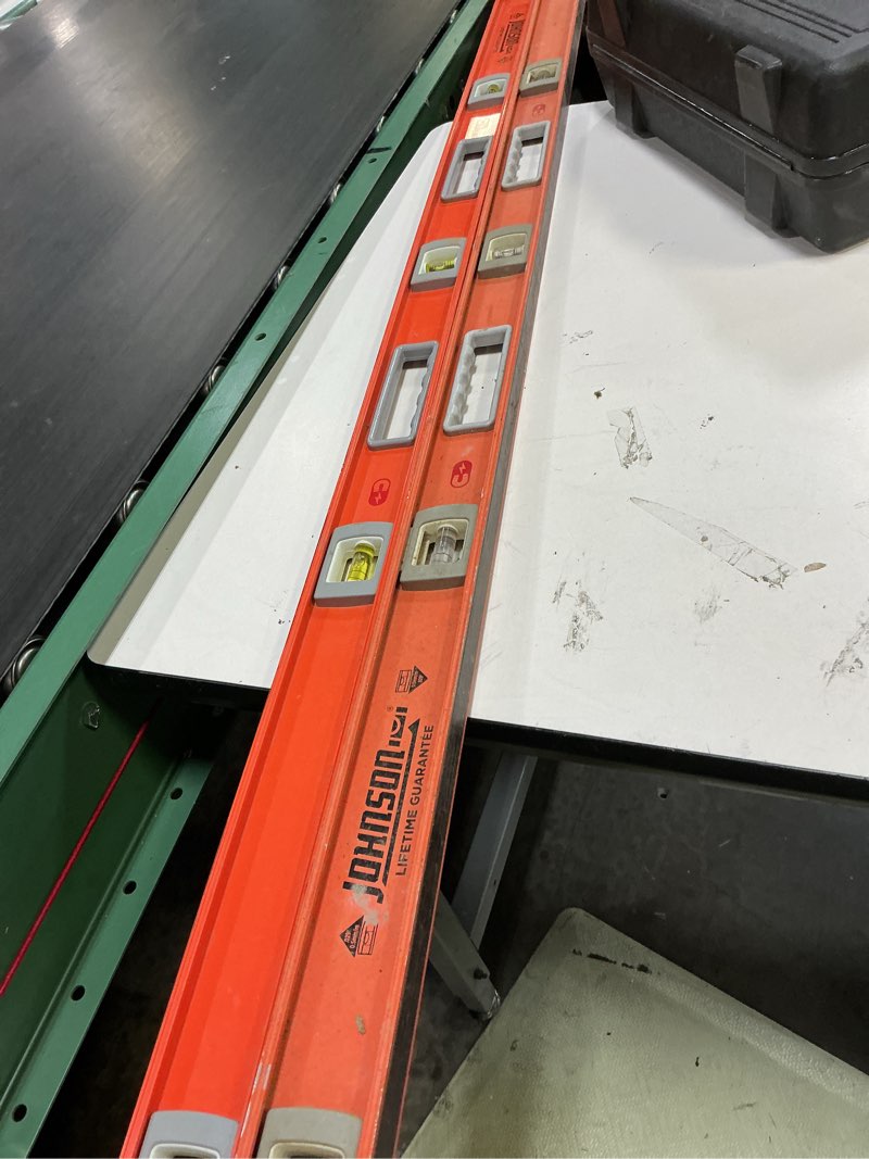 Condition photo showing As Is for johnson level aluminum 96-in 3 vial box beam level((2pc))