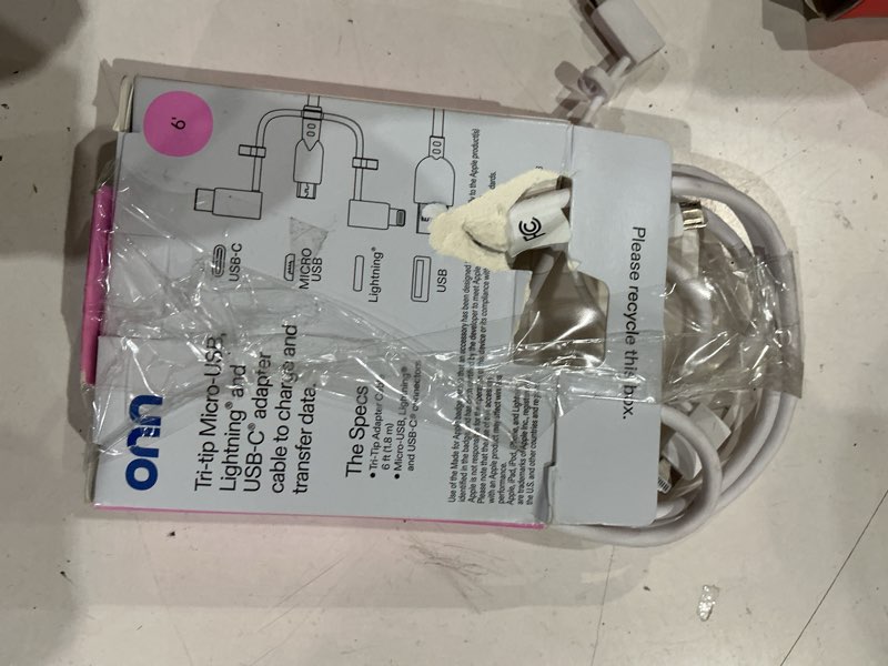 Condition photo showing As Is for onn 3 feet tri-tip to lightning micro usb cable, white