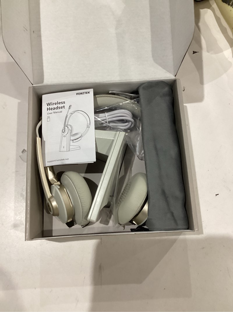 Condition photo showing Good Condition for wireless headset with mic for work, bluetooth headset with microphone, ai noise canceling mic & usb dongle, wireless headphones with mic mute & charging base for pc/office/home/call center champagne gold & white