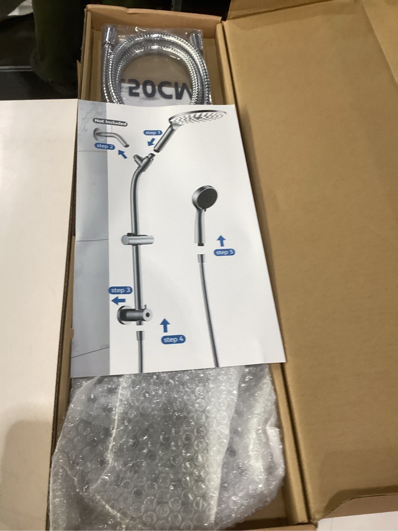 Condition photo showing New/Like New for makefit drill-free dual shower head with handheld combo rainfall shower head easy reach 3-way diverter stainless steel slide bar with height adjustable holder adjustable rain showerhead (chrome)