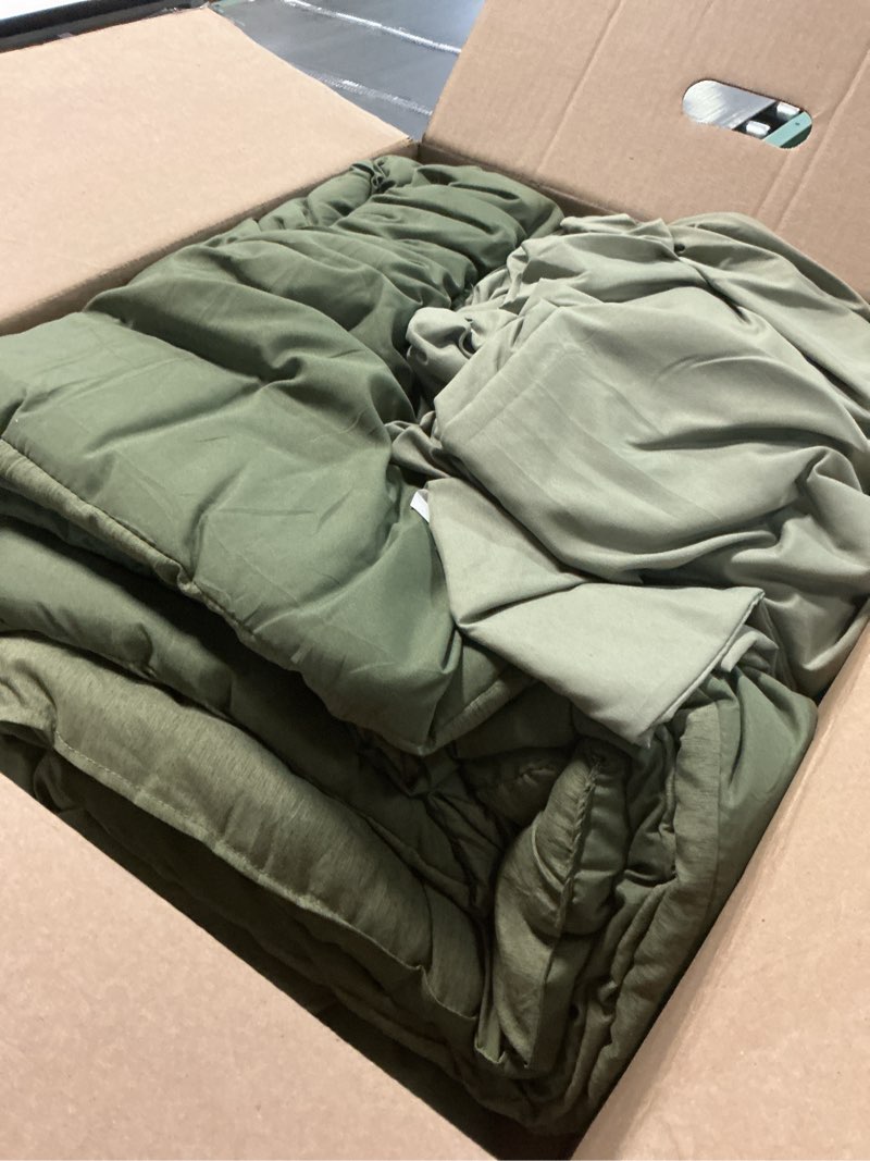 Condition photo showing As Is for Monbix Queen Comforter Set - 7 Pieces Cationic Dyeing Olive Green Bed in a Bag Queen Bedding Sets with Comforter, Sheets, Pillowcases & Shams, Reversible Bedding Comforters Sets Olive Green 7Piece-Queen(90”X90'')
