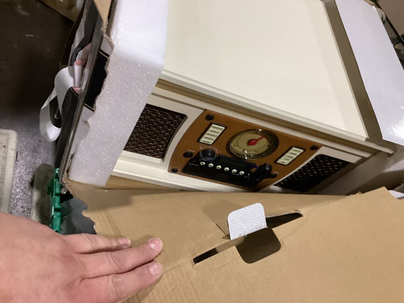 Condition photo showing As Is for victrola navigator 8-in-1 bluetooth record player with built-in speakers – 3 speed turntable, cd player, cassette, fm radio, usb, rca out, headphone jack, wireless music streaming, real wood (white)
