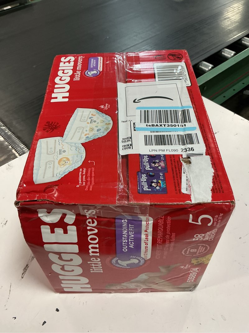 Condition photo showing New/Like New for huggies size 5 diapers, little movers baby diapers, size 5 (27+ lbs), 58 count, packaging may vary size 5 58