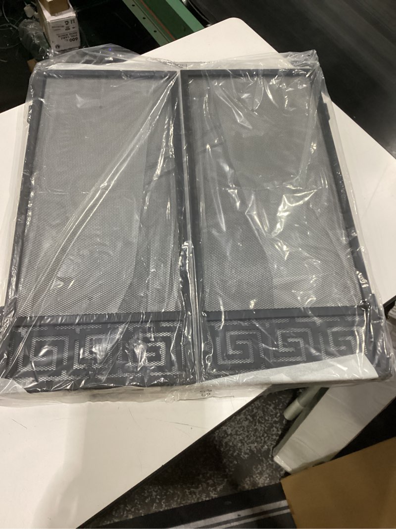 Condition photo showing New/Like New for 3 panel fireplace screen, 48 inch extra large fire place screens stand alone, wrought iron metal mesh spark guard cover, arched folding fireplace gate for living room, black