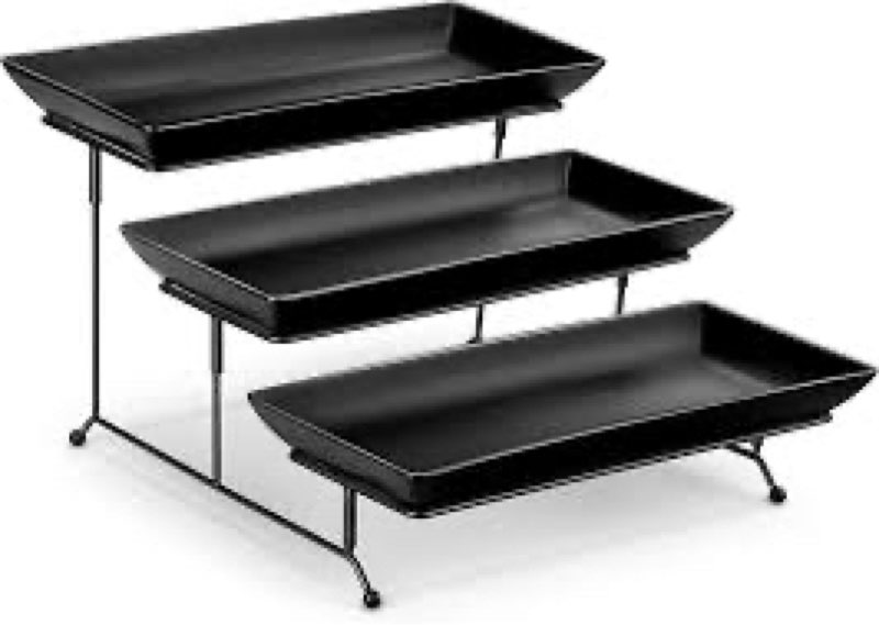 Shipping.  MALACASA 3 Tier Serving Trays for Party, Stoneware Serving Platters and Trays, 14 Inch Tiered Tray Stand, Fruit Tray, Trays for Serving Food, Black Dessert Stand with Collapsible Sturdier Metal Rack Click to see full view                  4+    7 VIDEOS MALACASA 3 Tier Serving Trays for Party, Stoneware Serving Platters and Trays, 14 Inch Tiered Tray Stand, Fruit Tray, Trays for Serving Food, Black Dessert Stand with Collapsible Sturdier Metal Rack
