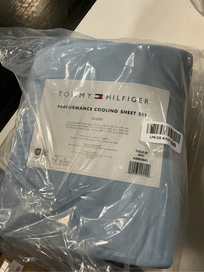 Condition photo showing New/Like New for tommy hilfiger - queen bed sheets, moisture-wicking cotton bedding with matching pillowcase, lightweight bed set, deep pockets, oeko-tex certified (performance cooling light blue) light blue queen