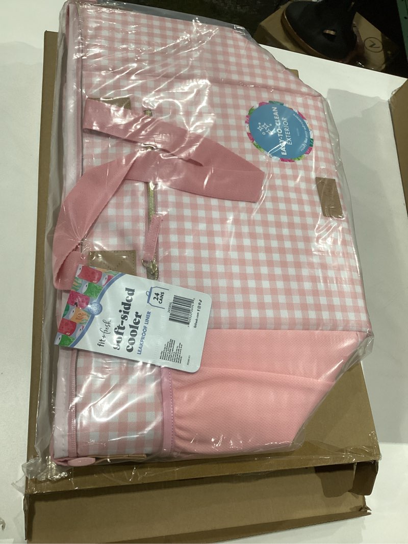 Condition photo showing New/Like New for fit & fresh, 24-can soft cooler bag insulated leak proof, portable soft cooler, large cooler, soft sided cooler bag, travel cooler, blue gingham, similar to stock photo