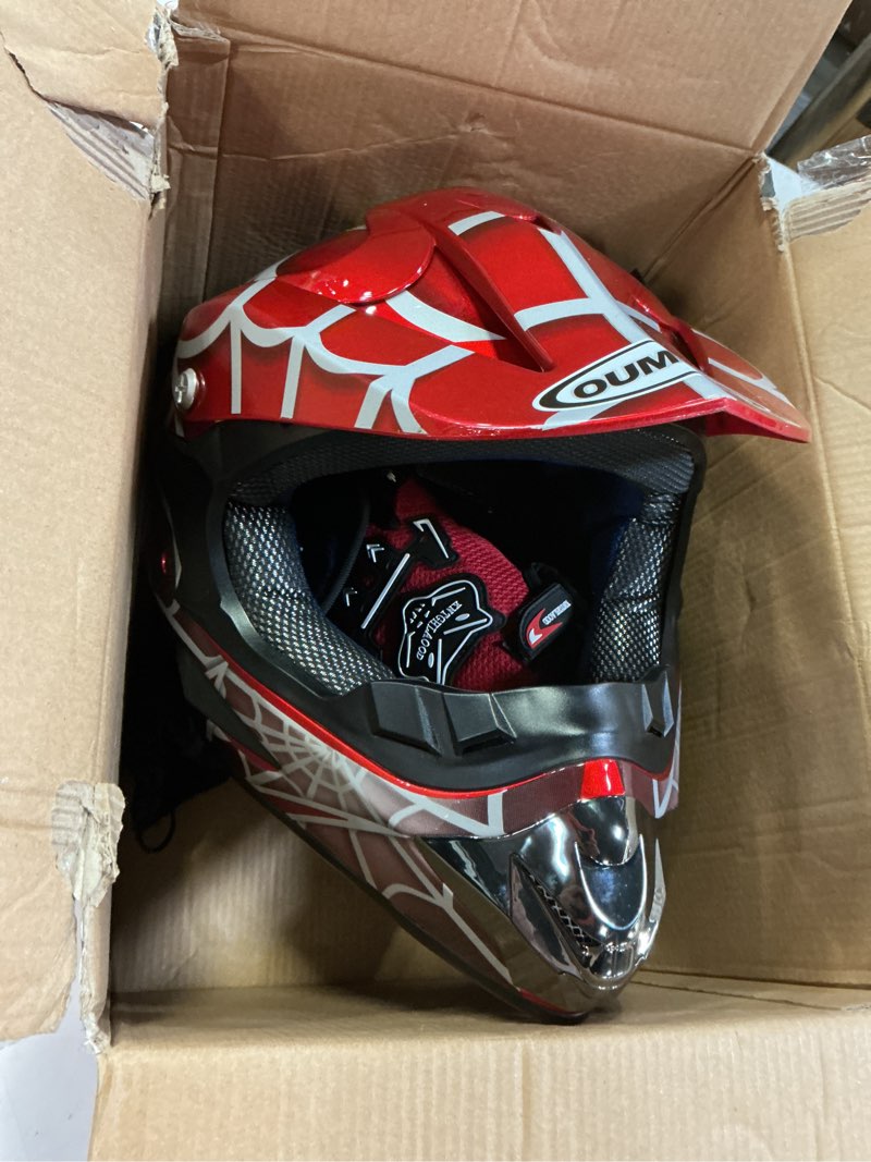 Condition photo showing Good Condition for youth dirt bike helmet dot certified for boys & girls ages 5-14, four wheeler, motocross, bmx, mx, utv, go kart, racing, skateboard, baseball red cobweb x-large