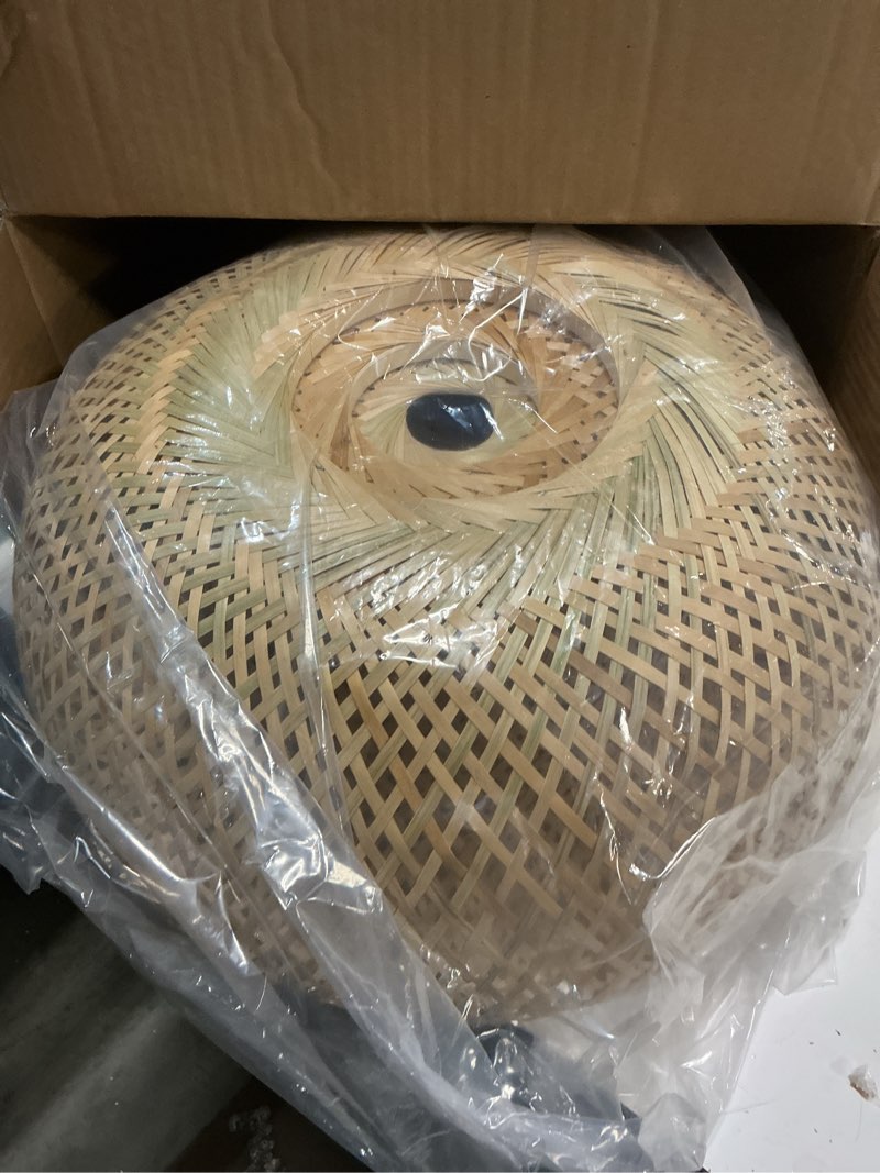 Condition photo showing Good Condition for bamboo large plug in pendant light with 14ft handmade woven light cord, dimmable switch, rustic basket hanging lamp for bedroom kitchen island farmhouse dining room living room,17.8 inch width