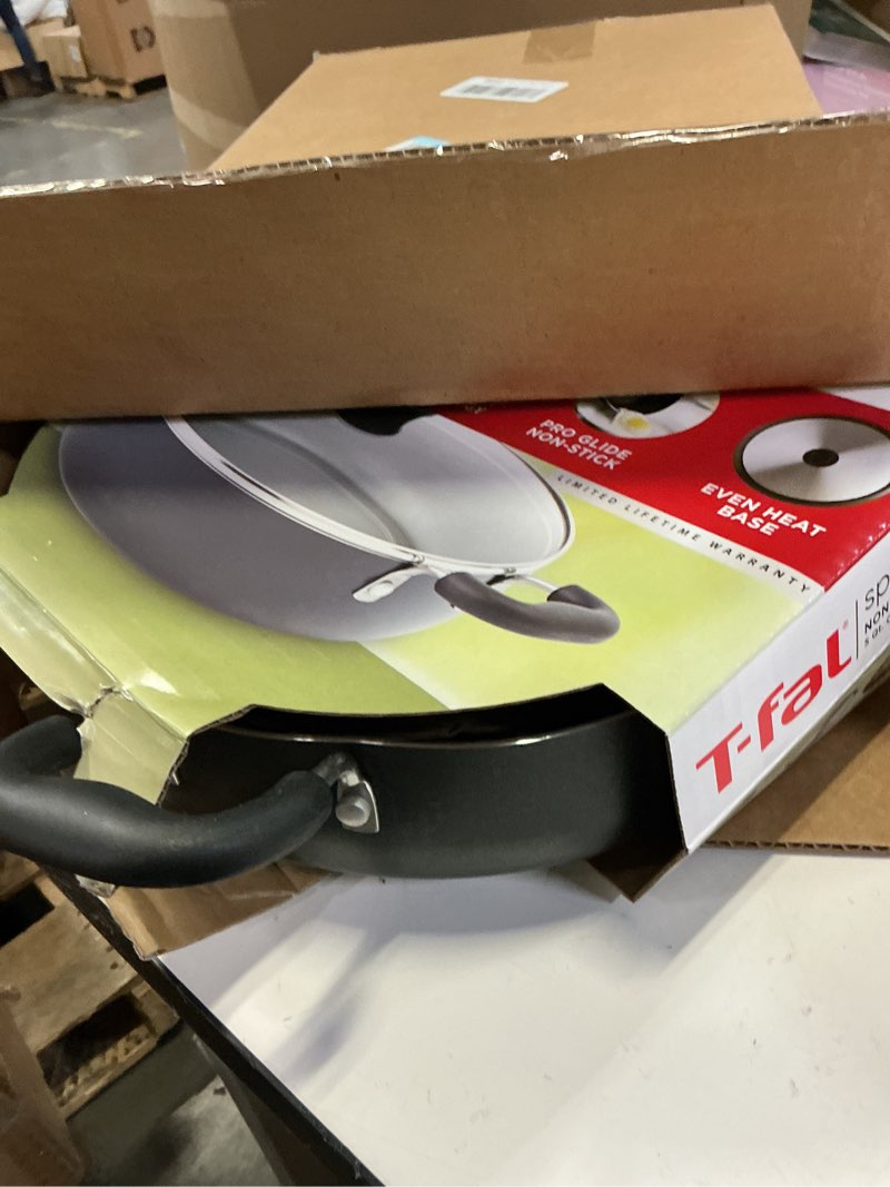 Condition photo showing Good Condition for t-fal specialty nonstick saute pan with glass lid 5 quart, oven broiler safe 350f, cookware, deep frying pan with handle, skillet, kitchen, pots and pans, dishwasher safe, black 5-quart nonstick black