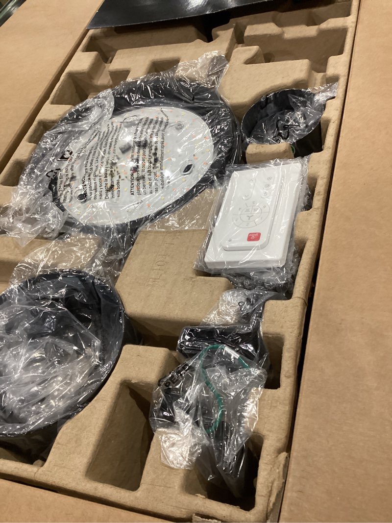 Condition photo showing As Is for globe electric colossus 60-in matte black with matte blades led covered outdoor ceiling fan with light and wall switch included 8 -blade