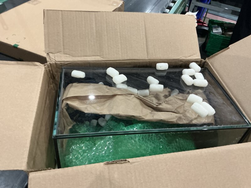 Condition photo showing As Is for 5 gallon fish tank aquarium kit with heater, hob filter, led light with timer, lid, siphon vacuum cleaner, self cleaning glass rimless betta tank 5 gallon with heater