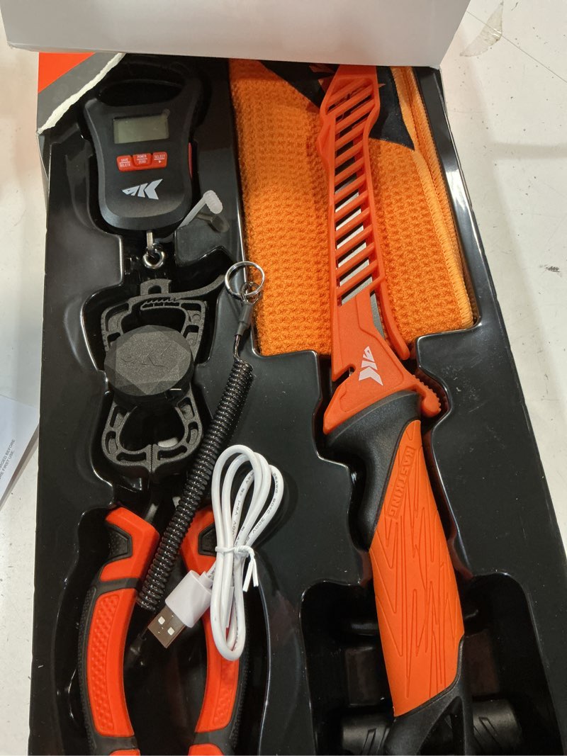 Condition photo showing Good Condition for kastking toughtide fishing tool kit, rechargeable digital fish scale with lip grip & tape measure, 7” fillet knife with sheath & sharpener, 8” split ring fishing pliers 7pc fishing tool kit