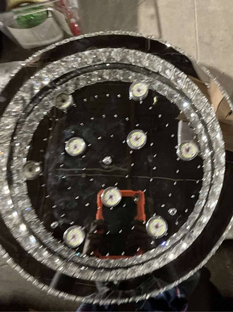 Condition photo showing Good Condition for (Similar to) Dimmable Modern Crystal Chandeliers LED Ceiling Light with Remote Flush Mount Small Chandelier for Hallway Foyer Kitchen,Stair,Closet,3 Colors Adjustable,Memory Function Chrome-Dimmable