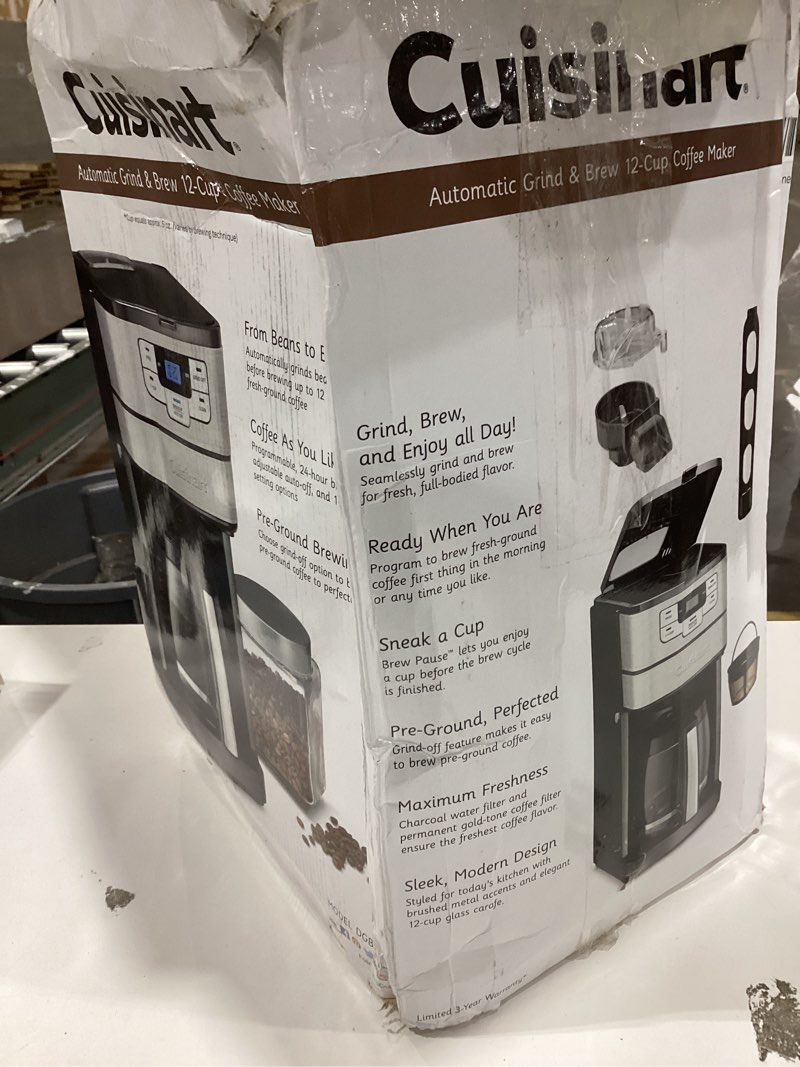 Condition photo showing As Is for Cuisinart Automatic Grind & Brew 12-Cup Coffee Maker with Blade Grinder, Programmable Coffee Machine Glass Carafe with 1-4 Cup Setting, Brew Pause, Grind-Off Option, DGB-400NAS, Black/Stainless Steel 12-Cup Glass Automatic Grind & Brew Black/Stainless