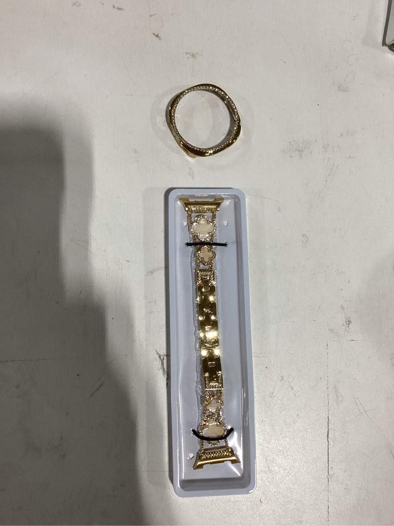 Condition photo showing New/Like New for bling band with case compatible for samsung galaxy watch 8 40mm 44mm, women diamond butterfly metal bracelet rhinestone strap with protector case gold band with colorful clover 44mm galaxy watch 8