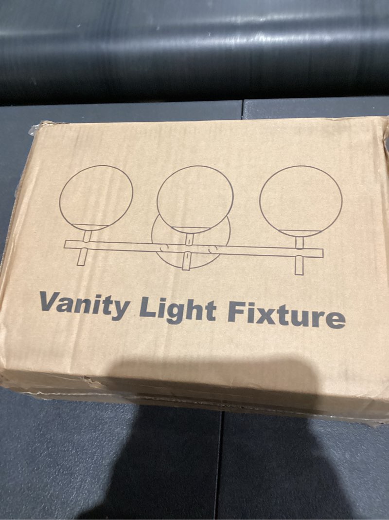 Condition photo showing New/Like New for 3-Light Bathroom Light Fixtures, Brushed Gold Vanity Lights for Bathroom with Milky White Glass Ball Shade, 18.9 inch Bathroom Lighting Fixtures Over Mirror, Wall Sconce for Bedroom(Bulb Not Included) Brushed Gold 3-Light