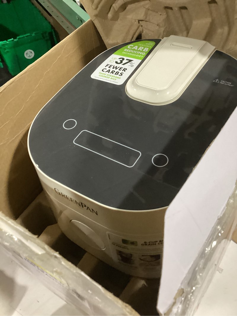 Condition photo showing As Is for GreenPan Carb Reducing Electric Rice Cooker, 4 Cups Uncooked/8 Cooked Rice, 10 Presets, LED Display, Healthier Meals, Delay Timer, PFAS-Free Ceramic Nonstick Removable Bowl, Cool Touch, Steam, Cream Cream 4 Cups Carb-Reducing